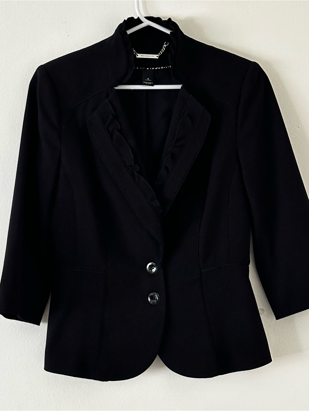 White House Black Market Black Ruffle-Trim Two-Button Blazer